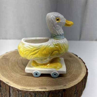 Vintage MCM 1962 Yellow White Duck Mini Planter Egg Cup Blue Vintage MCM 1962 Yellow White Duck Mini Planter Egg Cup Blue