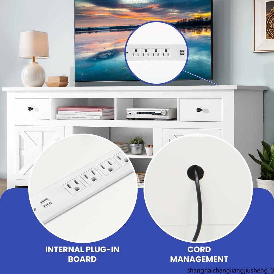 75/80" White Farmhouse TV Stand | Power Outlet Drawers Rustic Console - Image 2 of 4