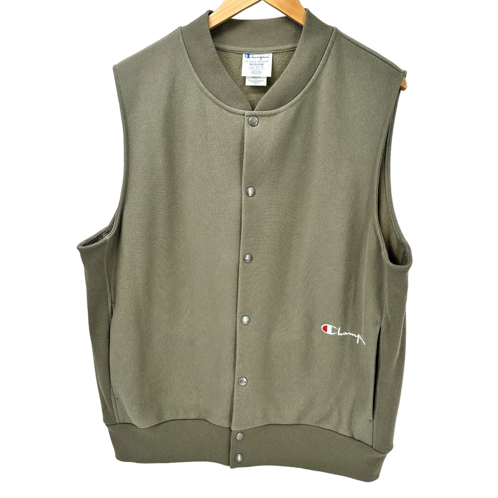 Champion Vest Jacket Mens Medium Green Snap Up + Pockets Reverse Weave