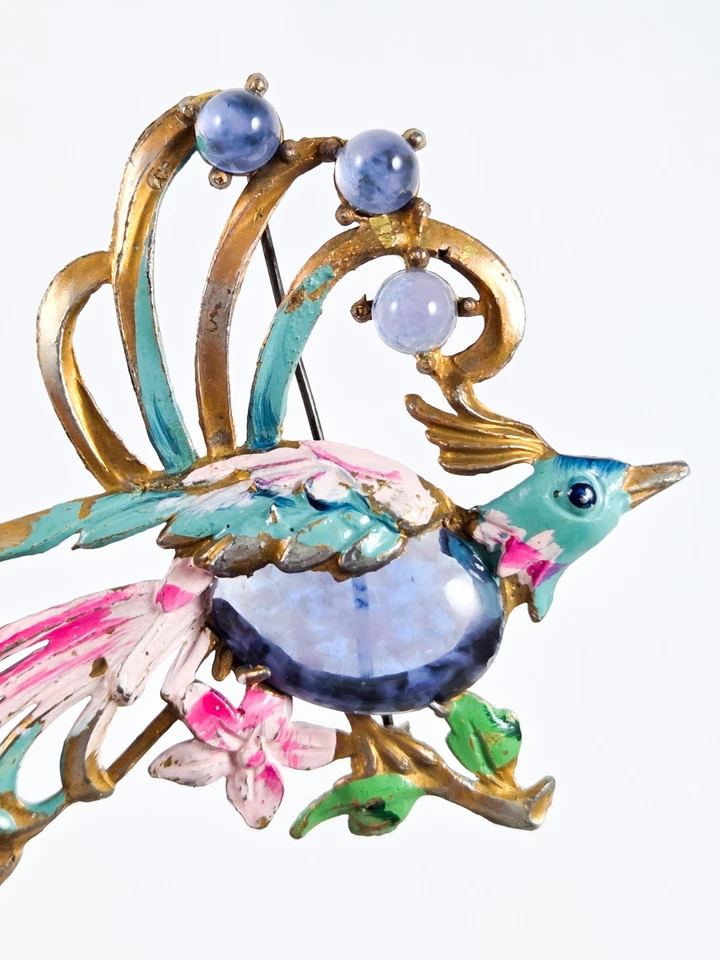 RARE 1940s CORO JELLY BELLY Bird Brooch with Enamel Purple Pink and Ble - Image 3 of 4