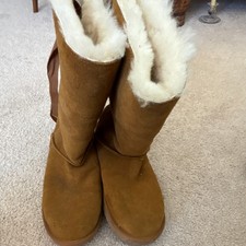 UGG Shearling Style Mid-Calf Boots Brown Fur Trim Pull On Suede Lined Women
