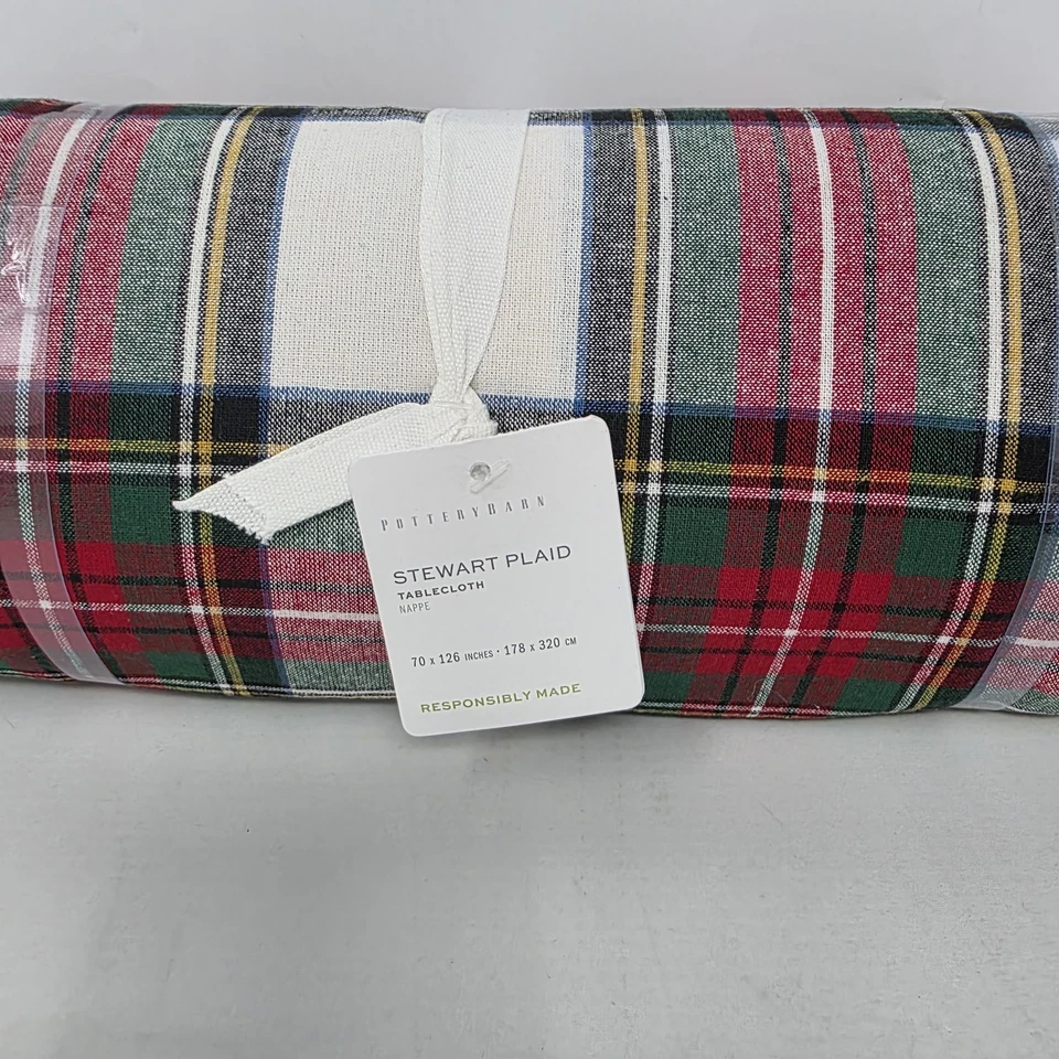 Pottery Barn Stewart Plaid Rectangular Tablecloth 70”x 126” Christmas Ivory New - Image 2 of 3