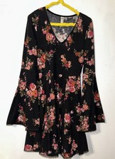 American Rag Dress Size S Black Floral Bell Sleeve Boho Prairie Flare V neck