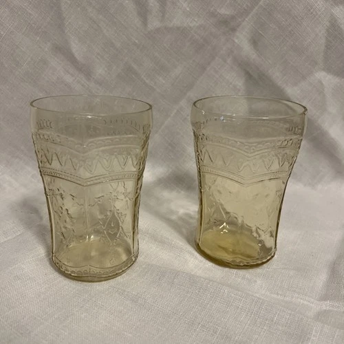 Set of 2 Patrician 9oz Tumbler Federal Depression Glass 4.25” Amber - see descr