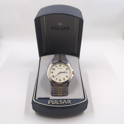 #ad Vintage Pulsar Watch 2 Tone Lumi Dial DayDate V733 9A50 1980 New Battery Tested $77.59