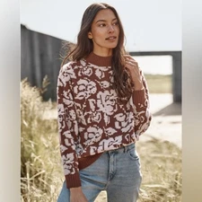 Garnet Hill Women's Recycled Cashmere Jacquard Mauve Mock Neck Pullover- Size M