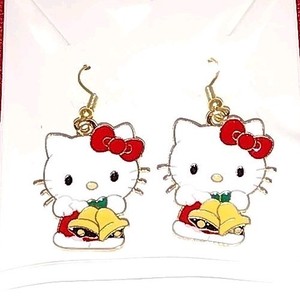 Authentic Hello Kitty Christmas Holiday Holding Bells Gold Plated Dangle Drop Earrings
