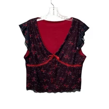 Romwe Floral Print Sheer Overlay Blouse Red Lining & Tie Back Women's XL Ruffle