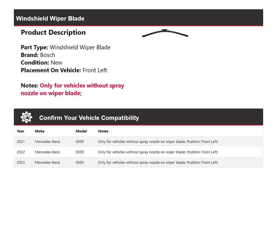 For 2021-2023 Mercedes S500 Bosch ICON Windshield Wiper Blade Front Left 2022 - Image 2 of 4