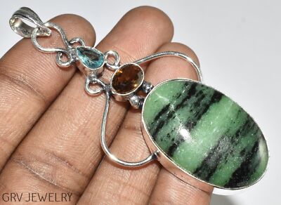 Ruby Zoisite & Smoky Topaz Gemstone 2.7'' Pendant 925 Silver Plated U493-D132