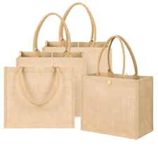 Burlap Tote Bags 4 Pack Jute Tote Bags with Handles and Button 13.7'' x 12.1'...