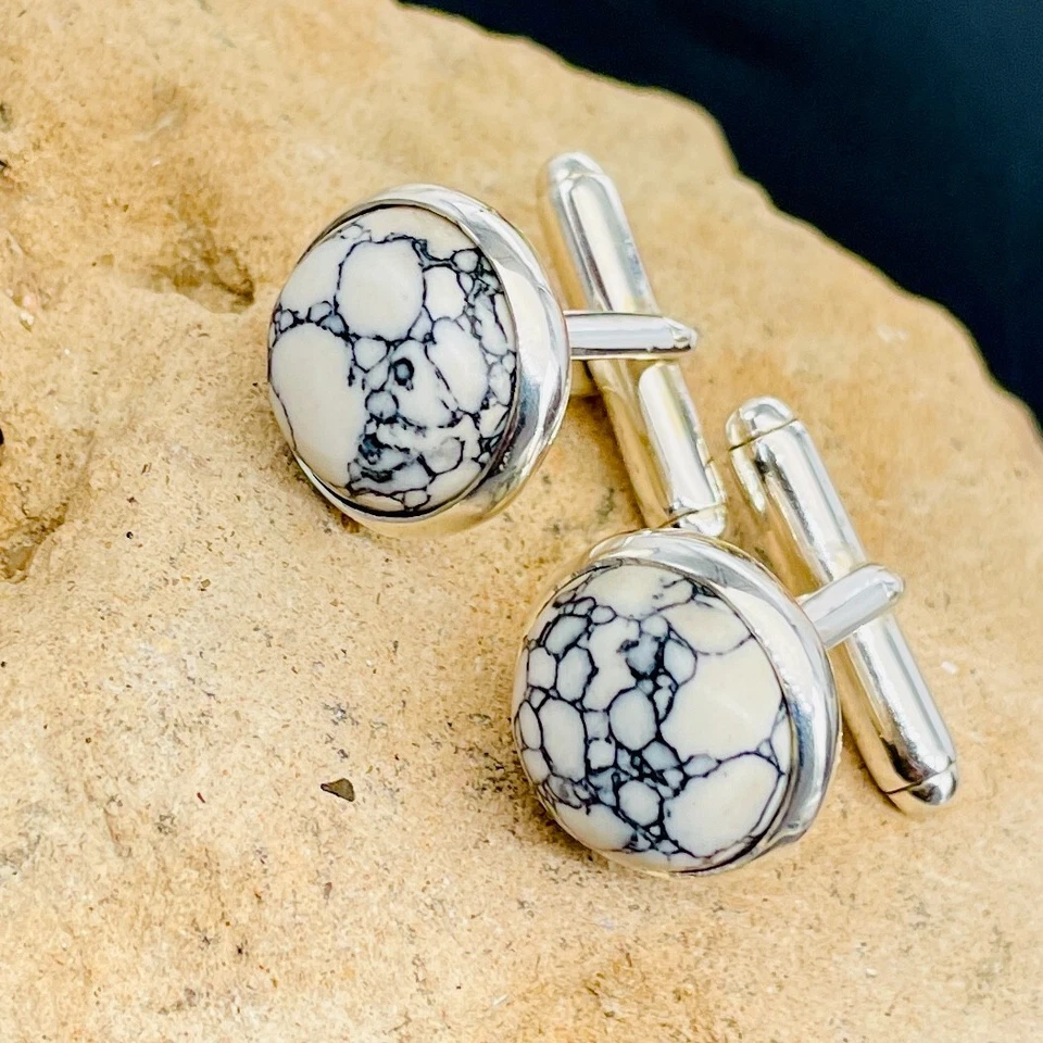 Gemelos Howlita Blanca De Colección - Piedra Redonda De Plata De Ley, Accesorio Clásico Foto 4 de 4