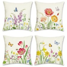 Throw Pillow Covers 18x18 Set of 4 Garden Flower Butterfly Spring Floral