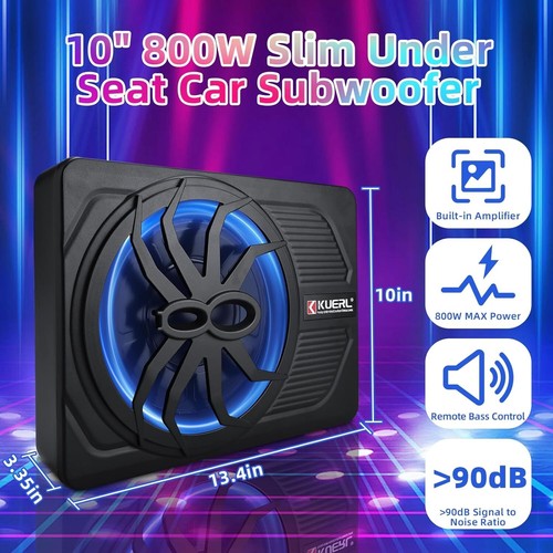 YaeCCC 10" 800W schmale unter dem Sitz Auto Subwoofer Audio aktiver Subverstärker blaue LED-Lampe - Bild 2 von 10