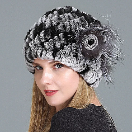 Damen Echt Rex Kaninchenfell Beanie Mütze Winter Warm Mütze mit Fuchs Handarbeit Geflochten - Bild 26 von 52