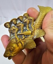 RARE 19th Century Brass Figure of Sailors 4 man Riding on a Fish Sculpture - B4