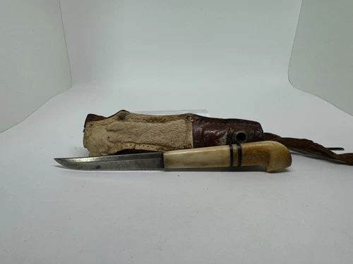 Vintage Finnish Puukko Nordic Reindeer Antler Handle Sami Knife & Fur Sheath