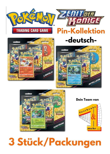 3 x Pokemon ZENIT DER KÖNIGE PIN-Kollektion deutsch LIBERLO, GORTROM, INTELLEON