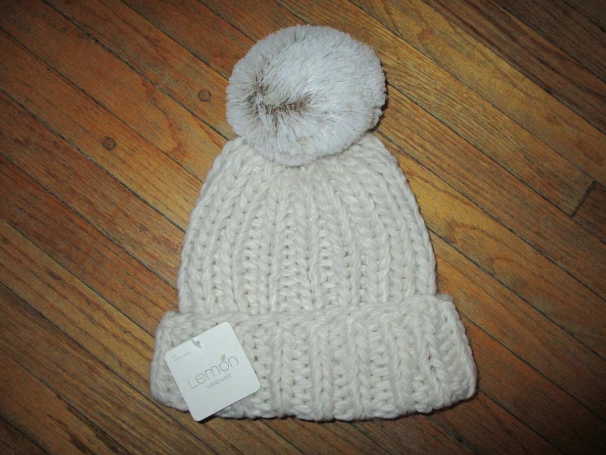 NWT LEMON HAND KNIT WINTER HAT Chunky Knit Faux Fur Pom Ball  display picture 3