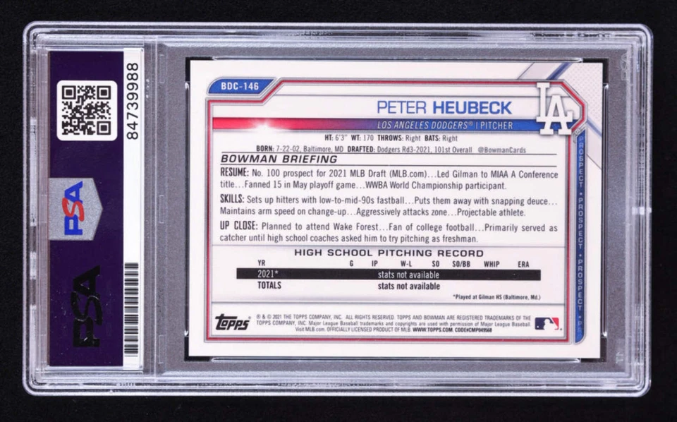 Peter Heubeck Signed 2021 Bowman Chrome Draft Purple Refractors #BDC146 #153/250 - Image 2 of 2