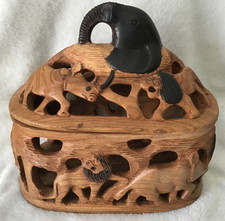 Wooden Hand Carved African Bowl/Basket w Lid Lion, Rhino