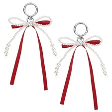 Pearl Bow Keychain, Imitation Pearl Bow Ribbon, Wine Red Pack of 2