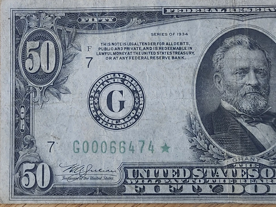 1934 $50 "STAR NOTE" CHICAGO DISTRICT G00066474* LOW SERIAL NUMBER - Image 3 of 4