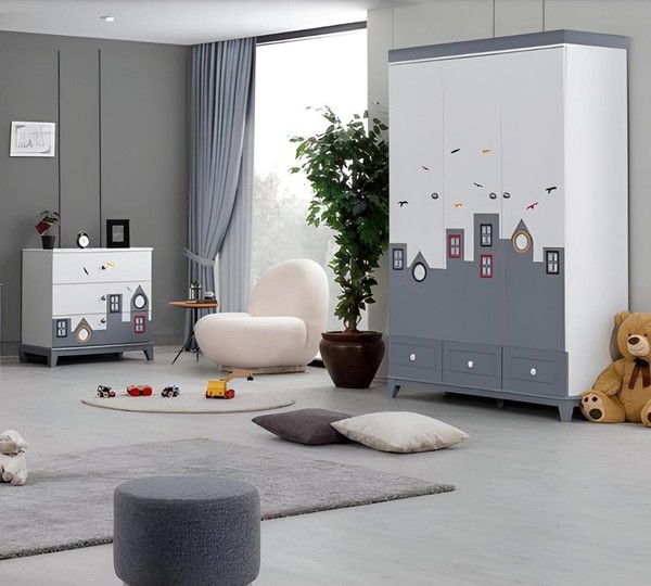Komplett Mehrfarbig Kinderzimmer Set Kleiderschrank Kommode Helles 2Tlg Neu-image