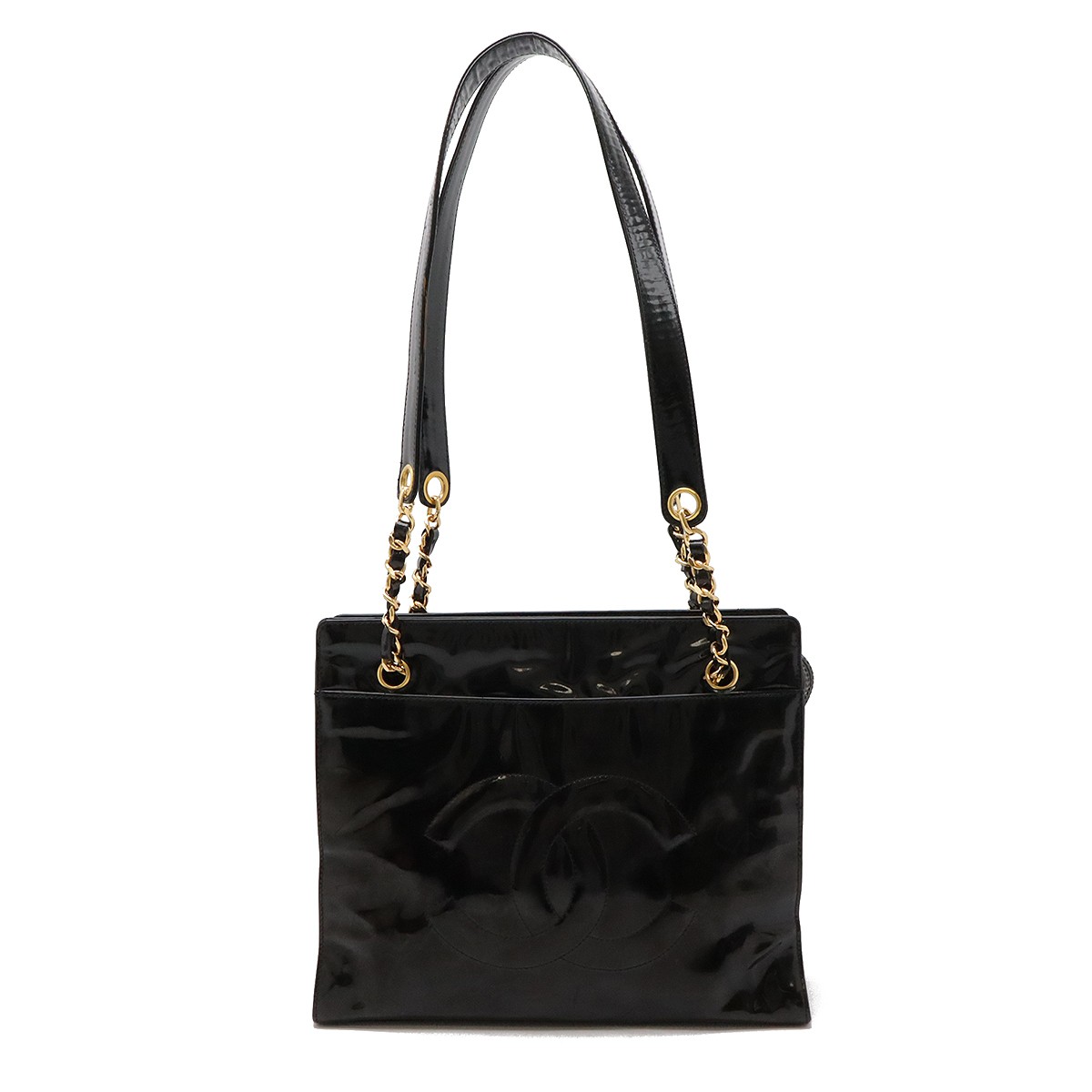 Chanel Coco Mark Chain Shoulder Tote in Black Gold Enamel Leather