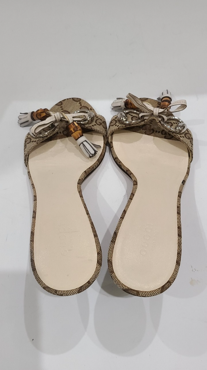 Gucci Horsebit GG Canvas Slides Sandals 37C US 6.5 Bamboo Tassel