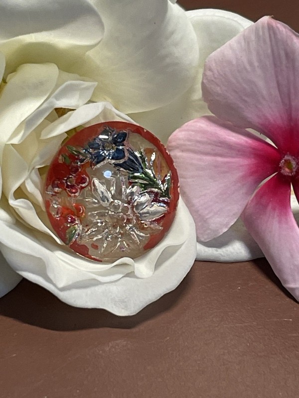 Exquisite Antique Vtg Reverse Paint 2 Piece Floral Glass Button