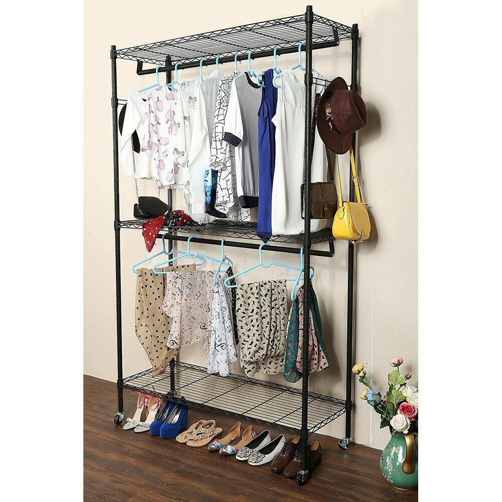 Mobile Wardrobe Rack with Wheels Double Rod Shelves for Home Closet Storage-image