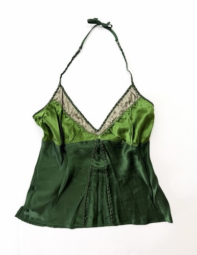 Gold Hawk Green Silk Satin Cami — Adjustable Strap Backless Tank Top L Women