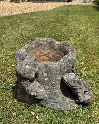 Vintage Pflanzgefäß Frosch Baumstumpf Baumstamm & Efeu Detail Kunststein verwittert schwer