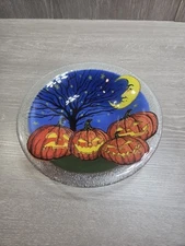Peggy Karr Glass Bowl Pumpkins Jack O Lanterns Halloween Signed 8.25” HTF