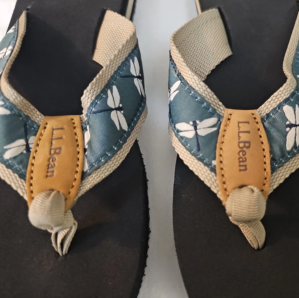 LL Bean Women Size 8 Black Foam Thong Pool Beach Outdoor Flip Flops Dragonflies - Image 2 of 4