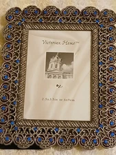 Vintage "Victorian Home" Pewter & Blue Rhinestone Picture Frame Holds 3x5...