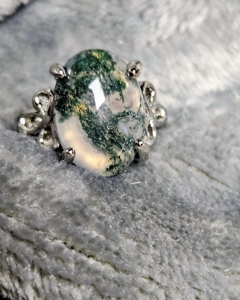 Кольцо ручной работы с подвеской из стерлингового серебра 925 пробы с натуральным мхом агатом и драгоценными камнями размер 6 - Изображение 2 из 4
