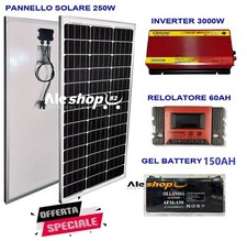 KIT FOTOVOLTAICO 2KW GIORNALIERO INVERTER 3000W PANNELLO SOLARE 250W BATTERIA 15