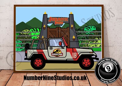 Jurassic Park Jeep Pop Art Illustration Print, Signed by artist. Limited Edition