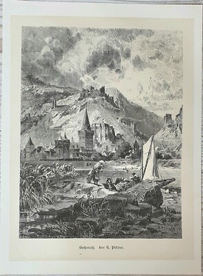 Chromolithographie Sepia Bacharach Rhein 1886 Bild Kunstdruck Stich Antik