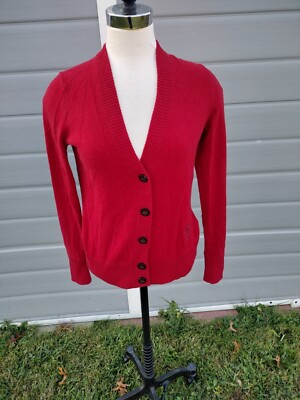 Tory Burch Inez Cashmere V Neck Logo Cardigan Red Size Small HOLE See Pics