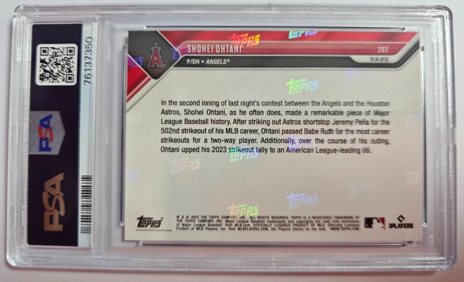 2023 Topps Now #262 Shohei Ohtani Passes Ruth 4 Most K's SP PSA 10 Gem Mint view 2