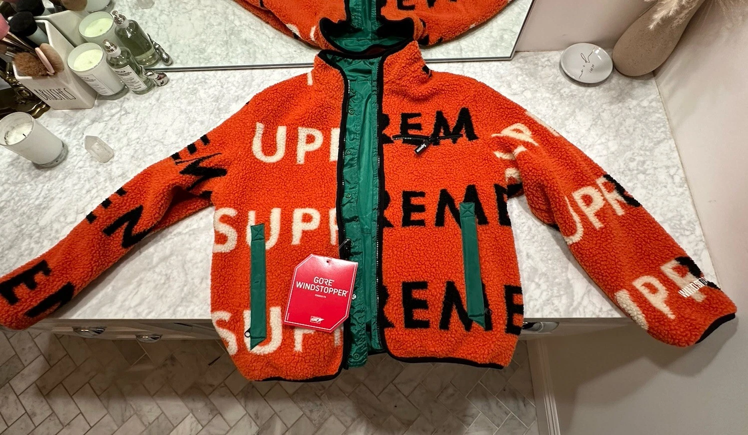 Supreme Reversible Logo Windstopper Fleece Jacket Tags new Orange Medium