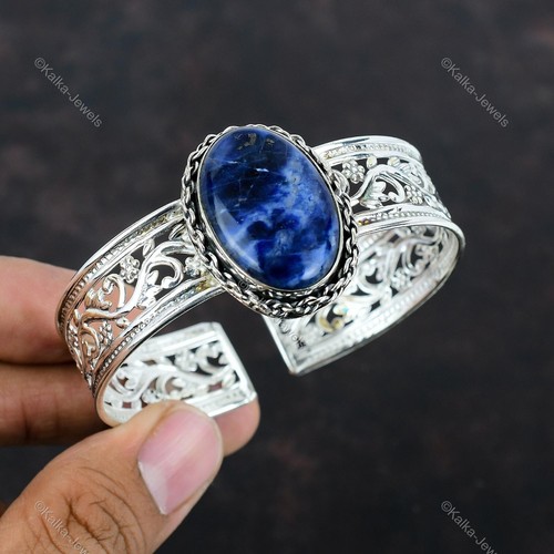 Natural Sodalite Gemstone Bangle Adjustable 925 Sterling Silver For Women