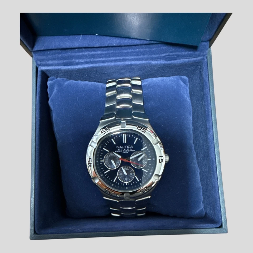 Nautica N10061 Men’s Chronograph Watch Blue Dial Stainless Steel – New Battery - image 2 of 4