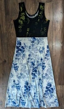 Ivanka Trump Two Pattern Blue & Green Maxi Dress Stretch Sleeveless Floral Med