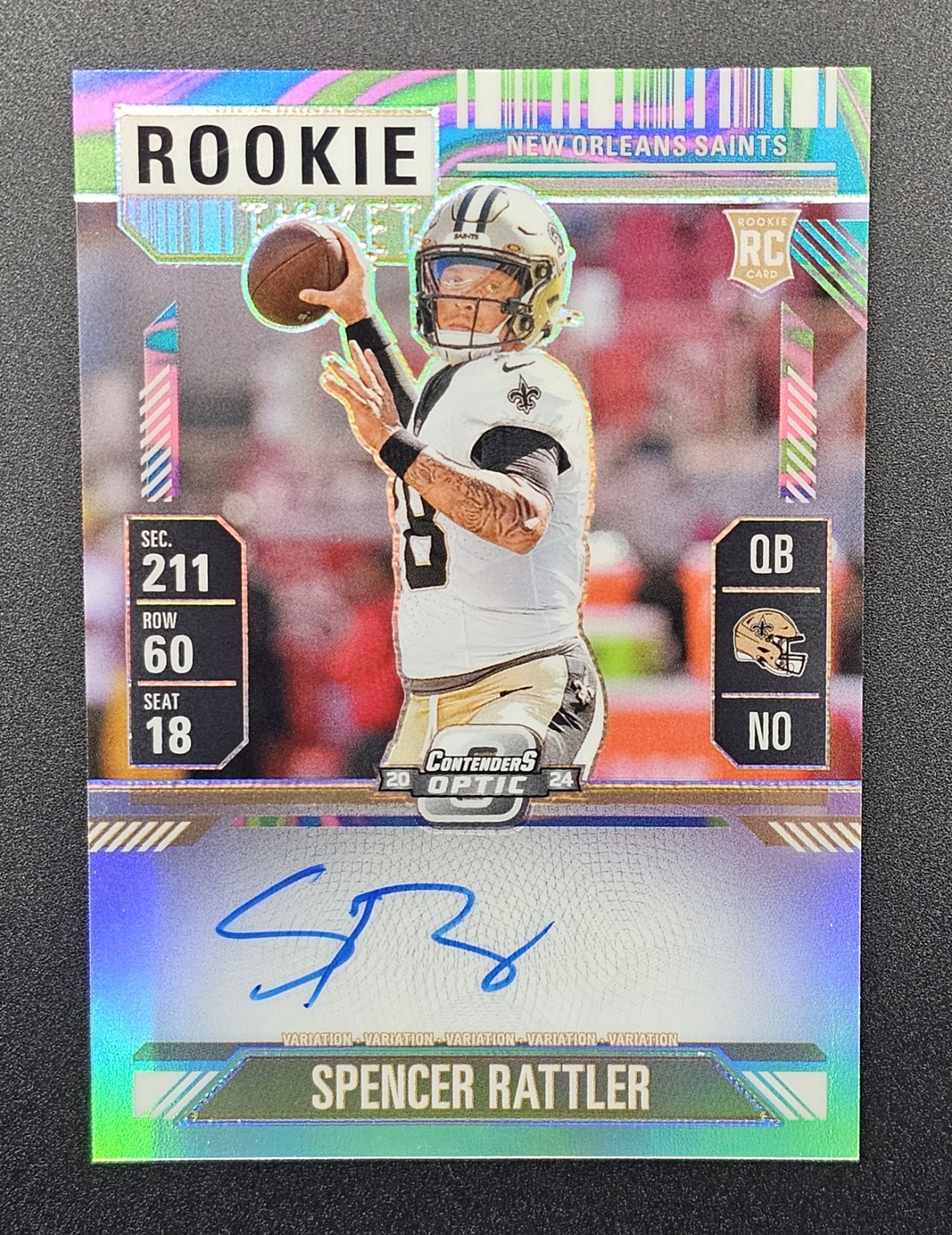 2024 Contenders Optic Spencer Rattler Rookie Ticket Neon Marble #/4 On Card Auto