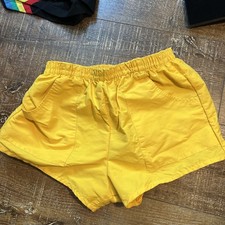 1980s California Shores Men's Med Yellow Lined Short Swim Trunks