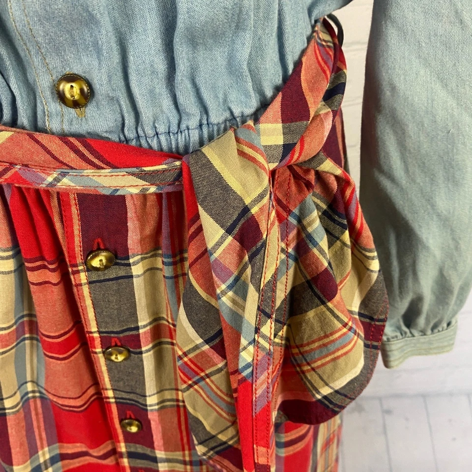 Винтажный Y2K Lizwear джинсовой ткани Chambray клетку с открытыми плечами миди платье P маленький - Изображение 4 из 4